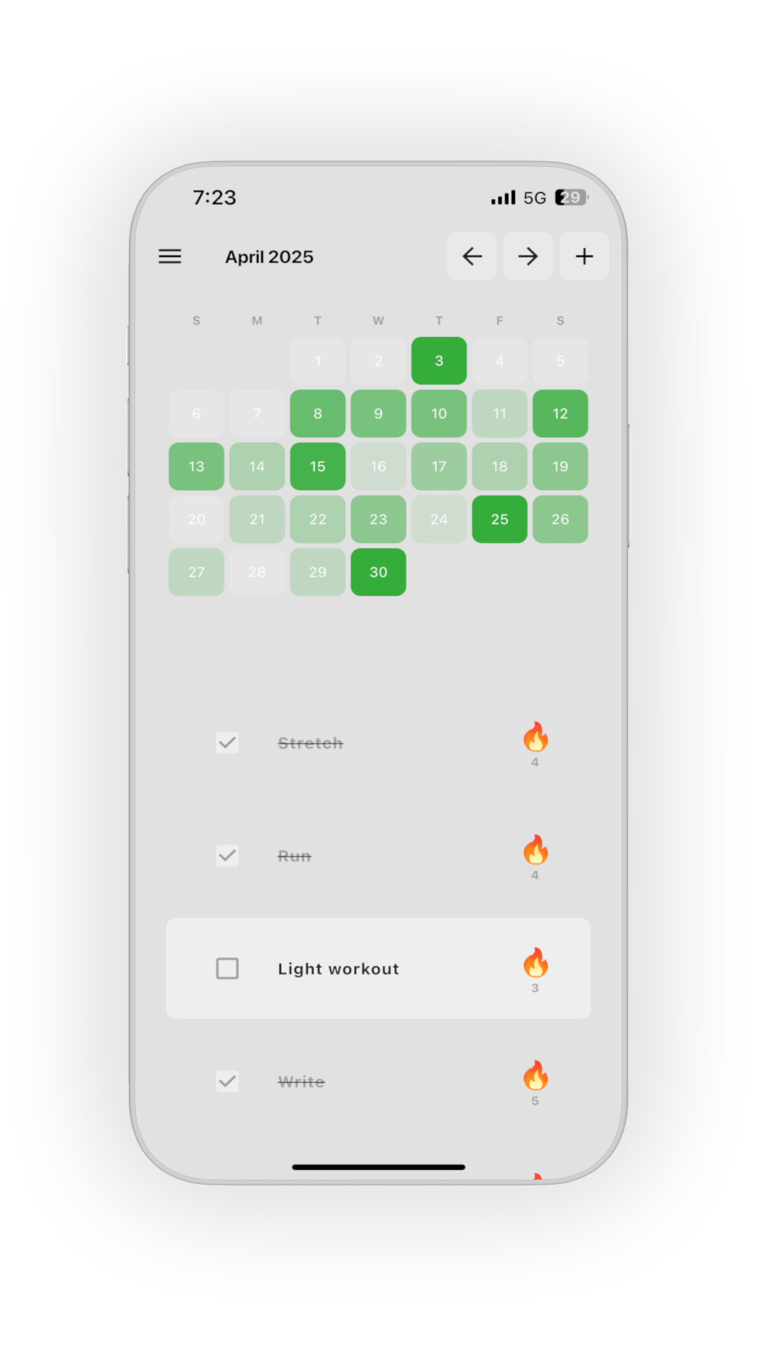 Ritualz app interface showing habit tracking calendar and streaks